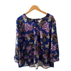 J.JIll Top Women 2XL Plus Size Blue Purple Floral Cotton Mix 3/4 Sleeve Modest